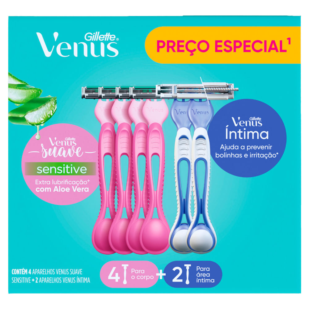 Aparelhos para Depilar Gillette Venus Suave Sensitive 4 Unidades e Aparelho Venus Íntima 2 Unidades Descartáveis em Oferta na Shopee