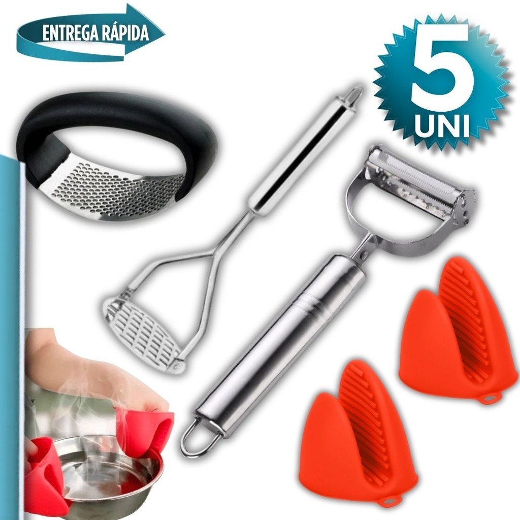 3 Peças Espremedor de Alho Descascador de Legumes Amassador de Batatas Inox Luva Térmica Bico de Pato Panela Fornoe
