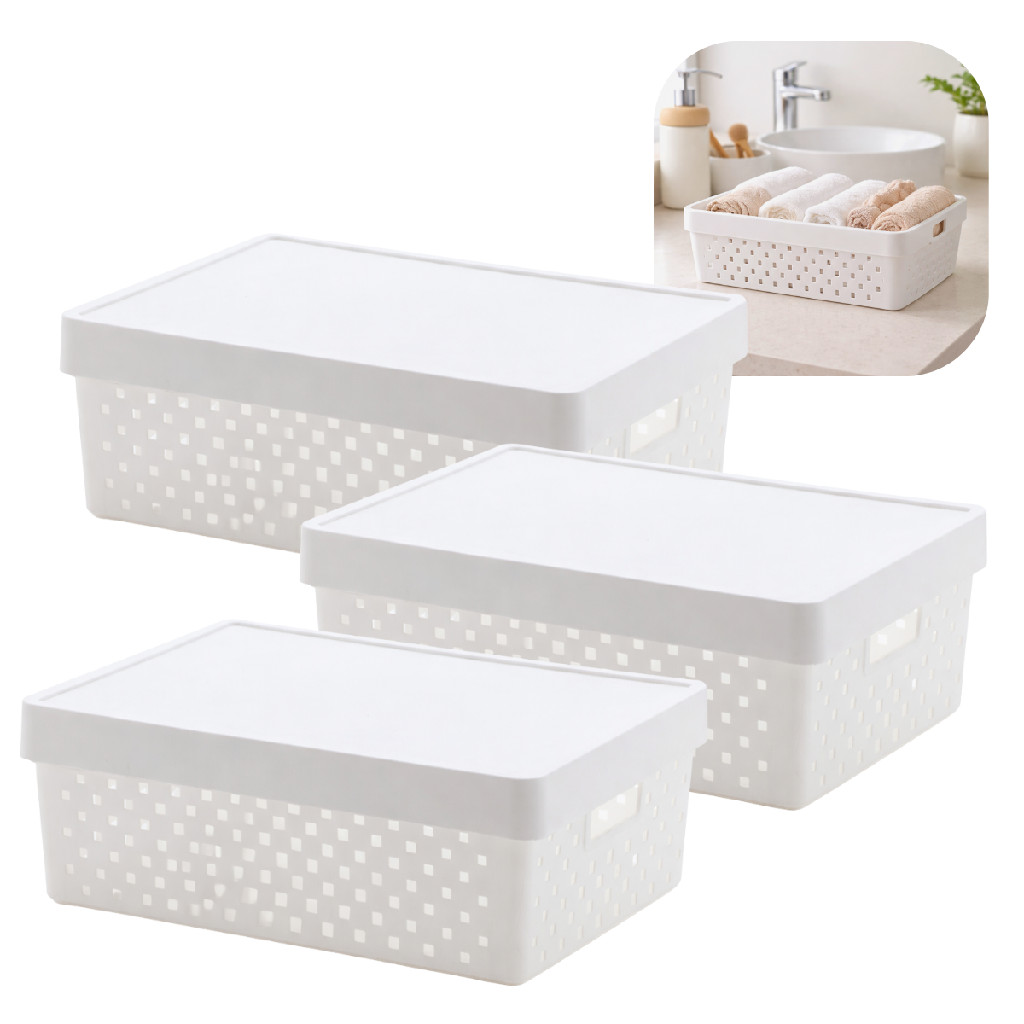 Kit 3 Cestos Organizador com tampa Armário Despensa Prateleira Cozinha Banheiro Escritório Lavabo Decoração Estante