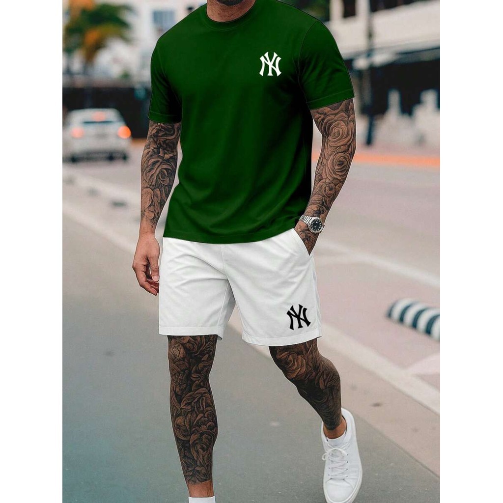 Kit Conjunto Masculino Camiseta Algodão e Short Tactel NY Moda Praia Verão Lançamento Streetwear