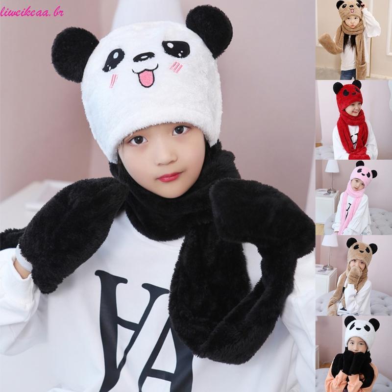 Liweikea Inverno Quente Capuz Bolso Earflap Chapéu Longo Cachecol Xale Envolve Bonito Panda Orelhas T