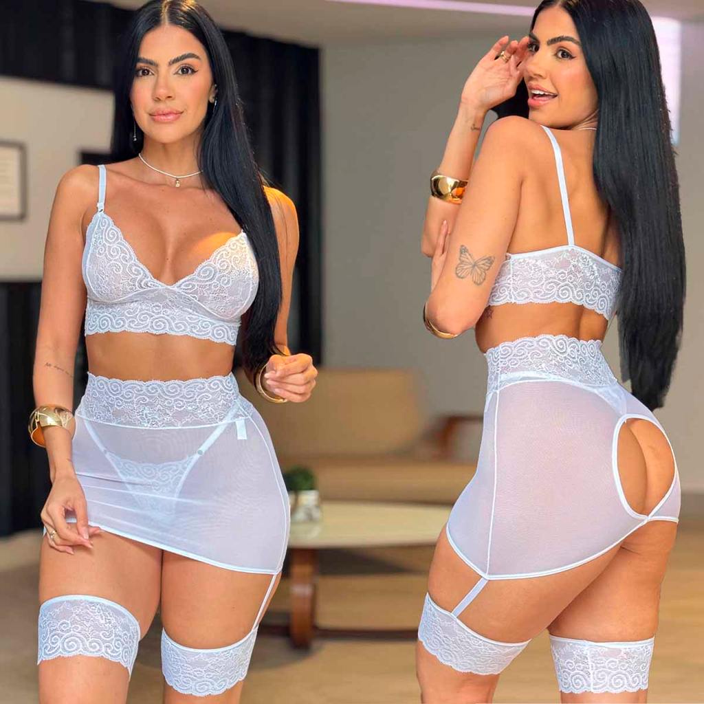 Lingerie Sensual Sem Bojo Sem Aro Renda e Tule Transparente Com Saia Cinta Liga Calcinha Fio Dental
