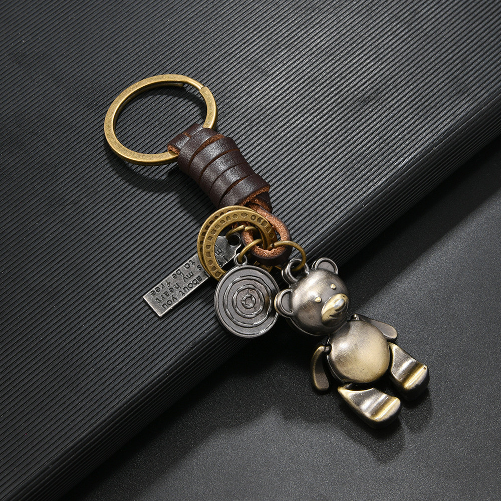 Chaveiro Mini Urso para Homens e Mulheres, Pequeno Presente, Urso em Liga de Bronze Antigo, Chaveiro Vintage em Couro Tr