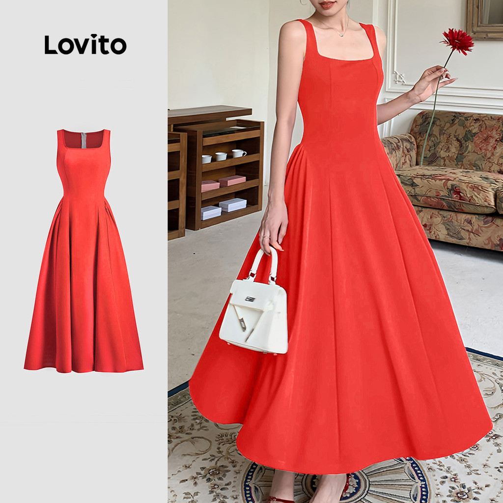 Lovito Vestido Elegante Plissado Primavera/Verão Vermelho Vestido Evangélico para Festa de Natal Mulheres LBL29083 em Oferta na Shopee