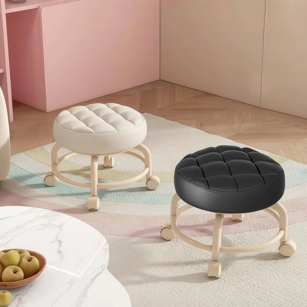 Banco Puff com Rodinhas Giratório 360° – Redondo Estofado Confortável, Banco Baixo para Salão de Beleza e Penteadeira