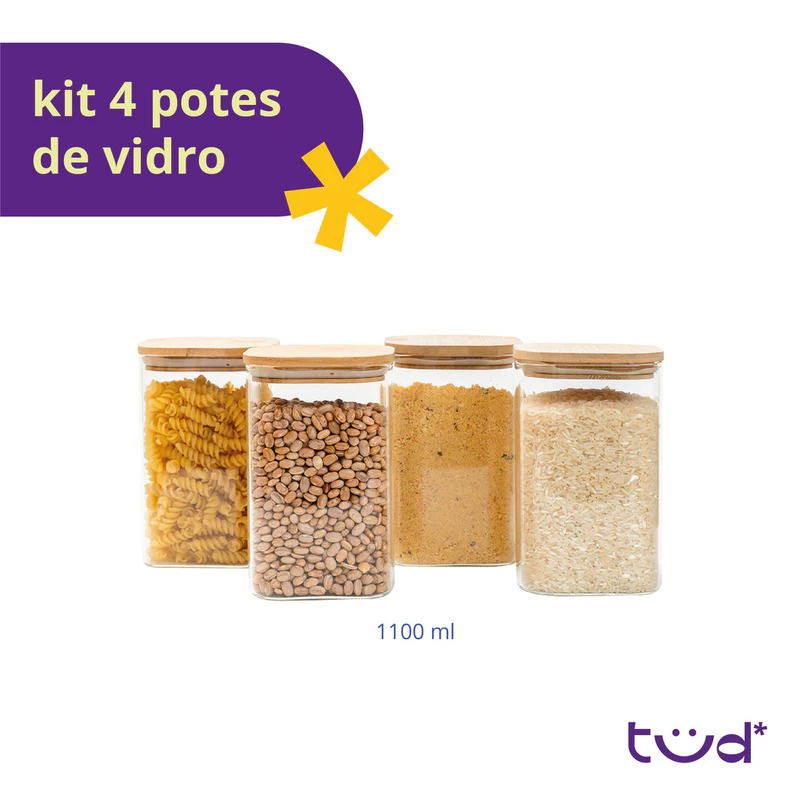 Kit 4 Potes de Vidro Herméticos 1,1L com Tampa de Bambu Tüd — foto 3