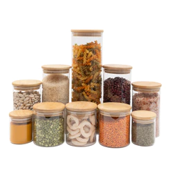 kit com 10 potes de vidro tampa de bambu hermético redondo mantimento - Oikos