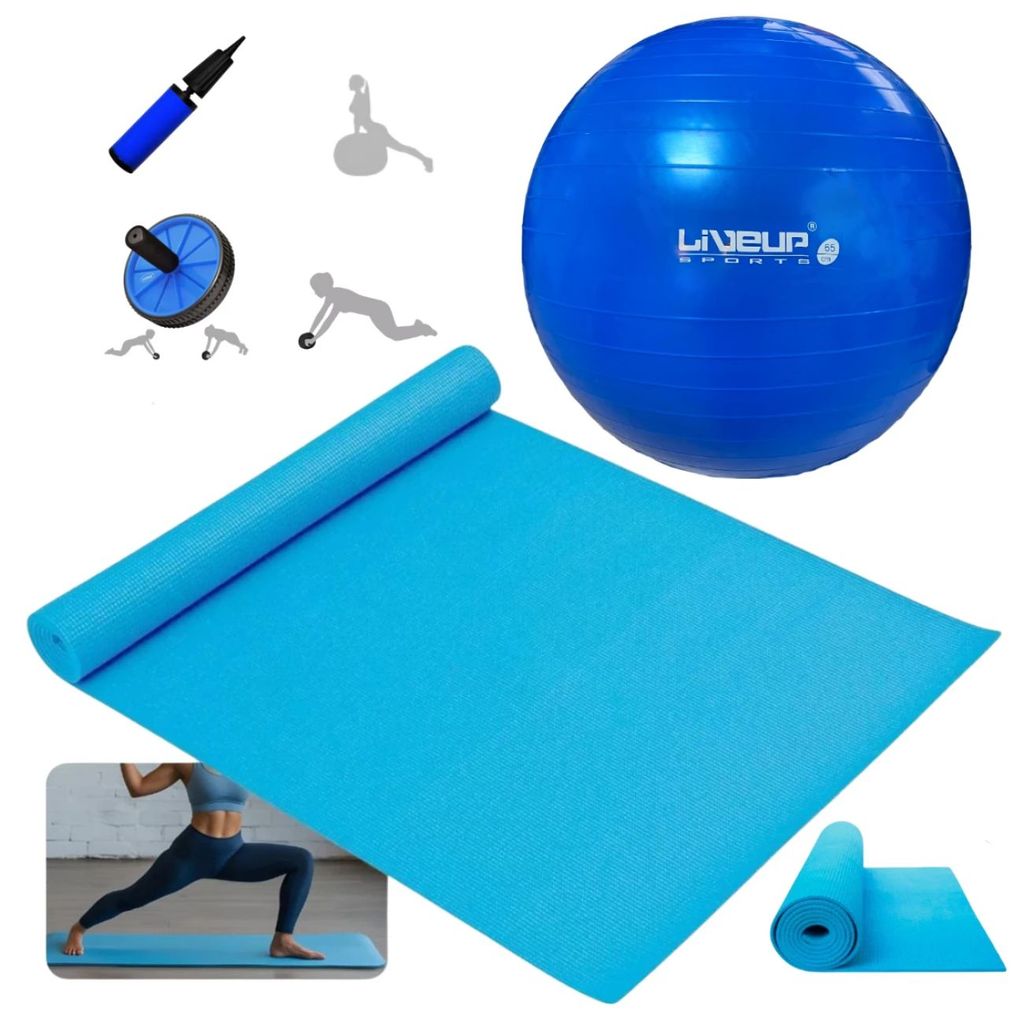 Kit Tapete Yoga Colchonete + Bola de Pilates 65 Cm + Roda Abdominal + Mini Bomba Mand