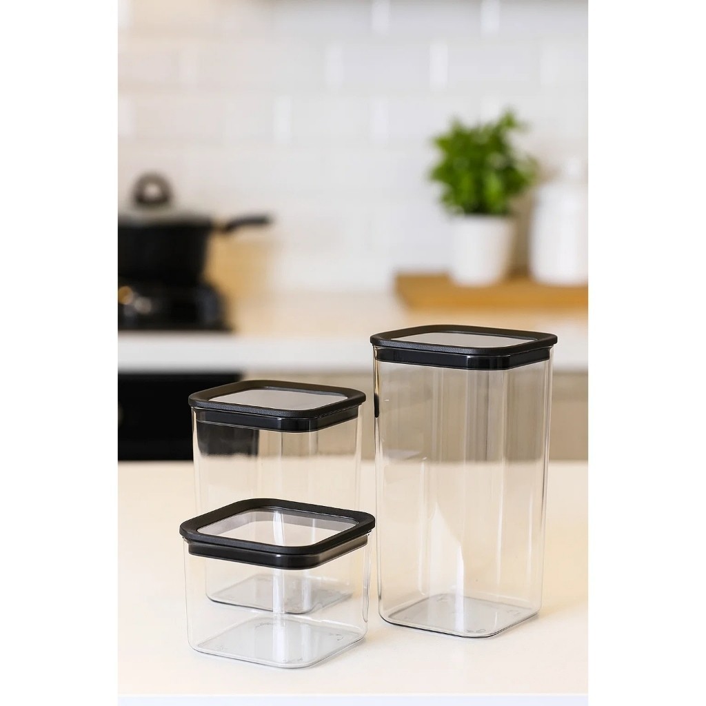 Conjunto 3 Potes Herméticos Quadrados Café Açúcar Mantimentos Despensa Vidro Borossilicato Inox Vedação Hermético