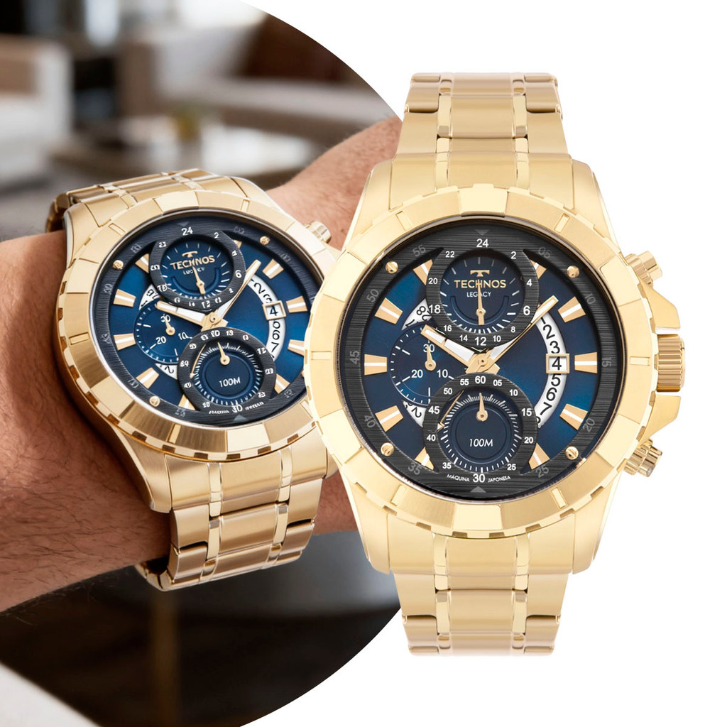 Relógio Masculino Analógico de Pulso Dourado e Azul com Caixa e Pulseira de Aço Inoxidável à Prova D Água Technos Legacy