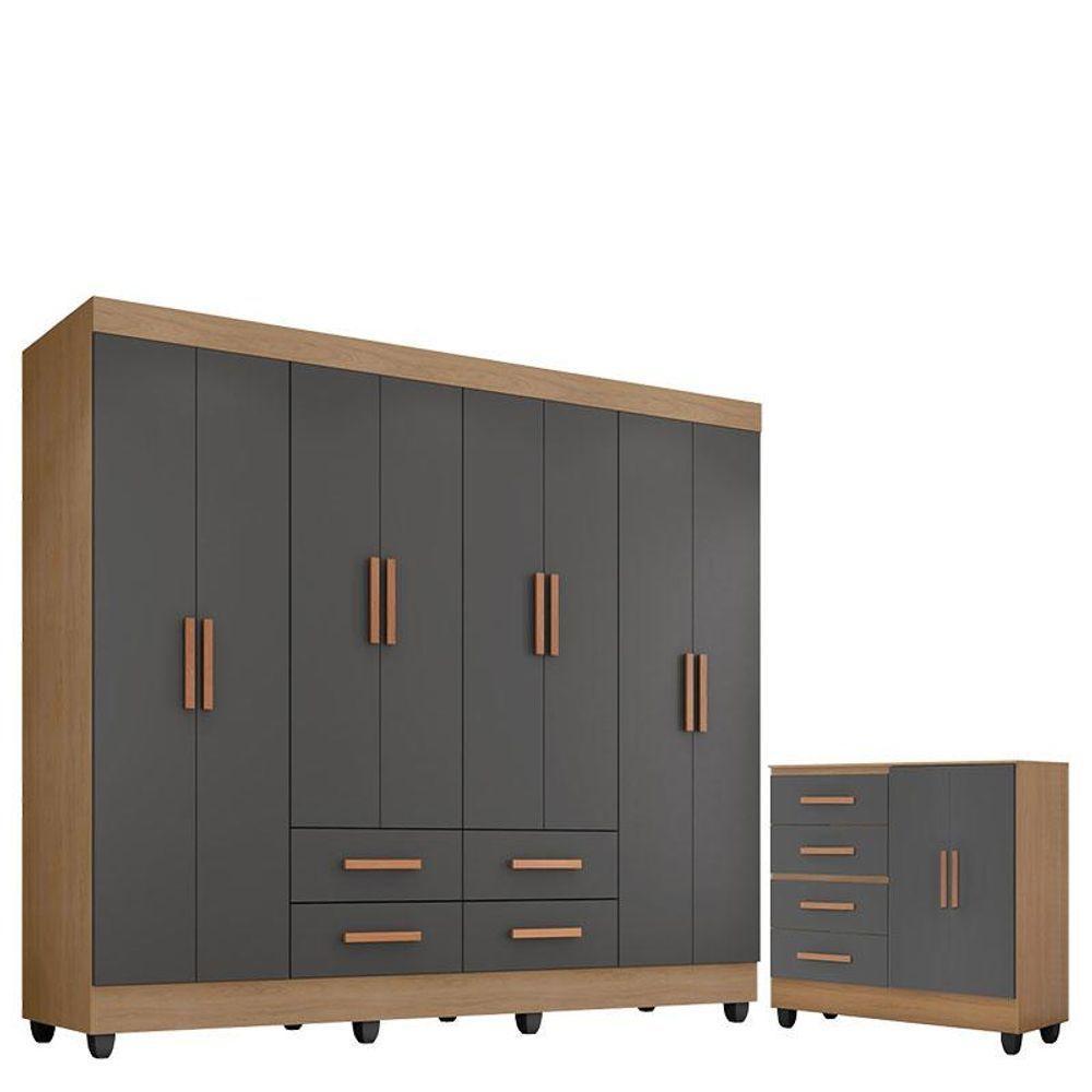 Guarda Roupa Casal Porto Com Cômoda Lite 4 Gavetas 2 Portas Nature Cinza - Móveis Leão