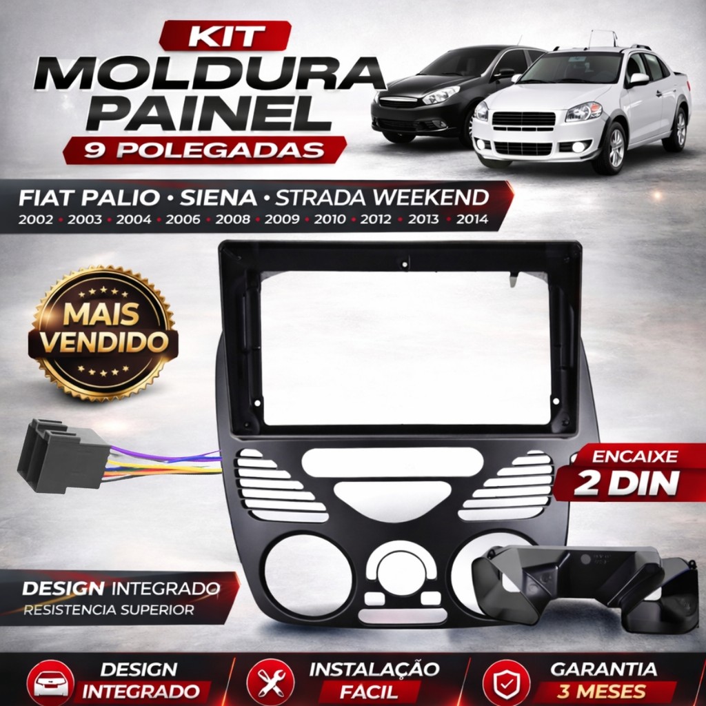 Kit Moldura Painel 9 Pol Palio Siena Strada Weekend G2 2 Din Preto Chicote Som Duto de Ar