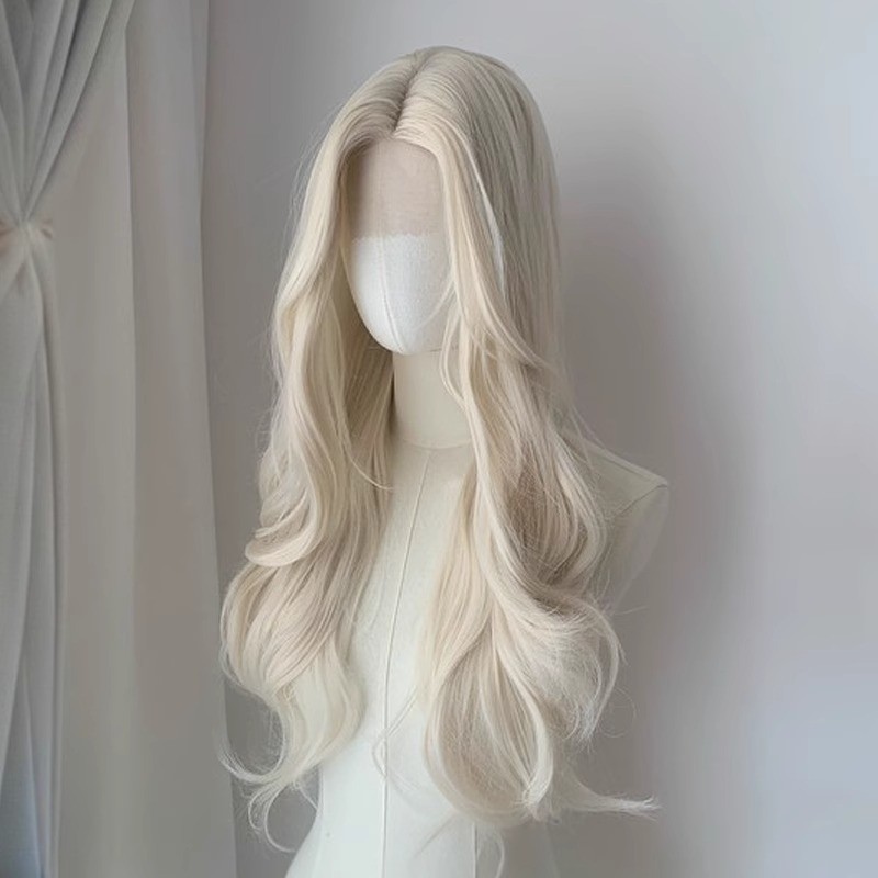 Florer platina peruca feminina arnês completo testa renda onda grande cabelo encaracolado cabelo longo personagem franja