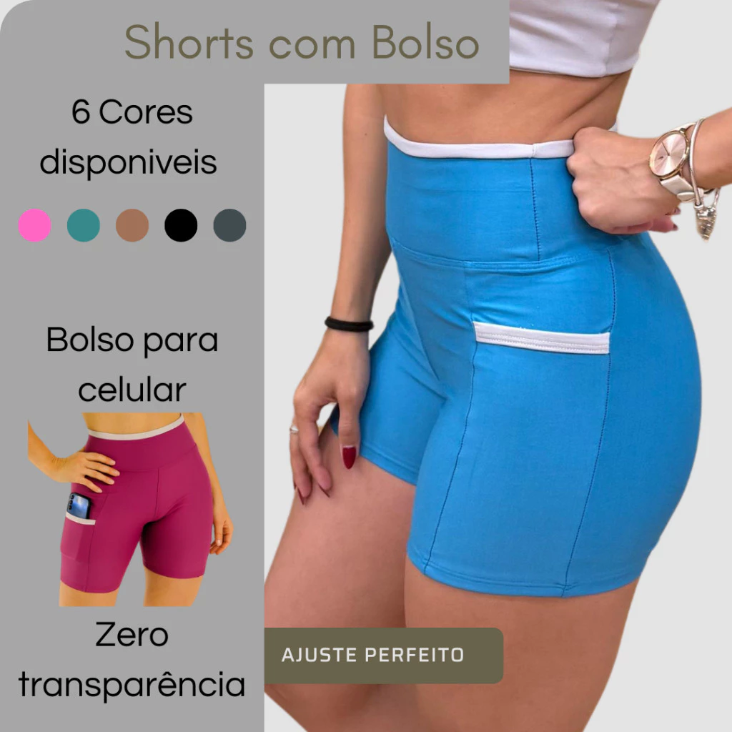 Shorts Shortinhos Due Line Academia bolso Feminino Detalhe Bicolor Cintura Alta Zero Transparência — imagem 1