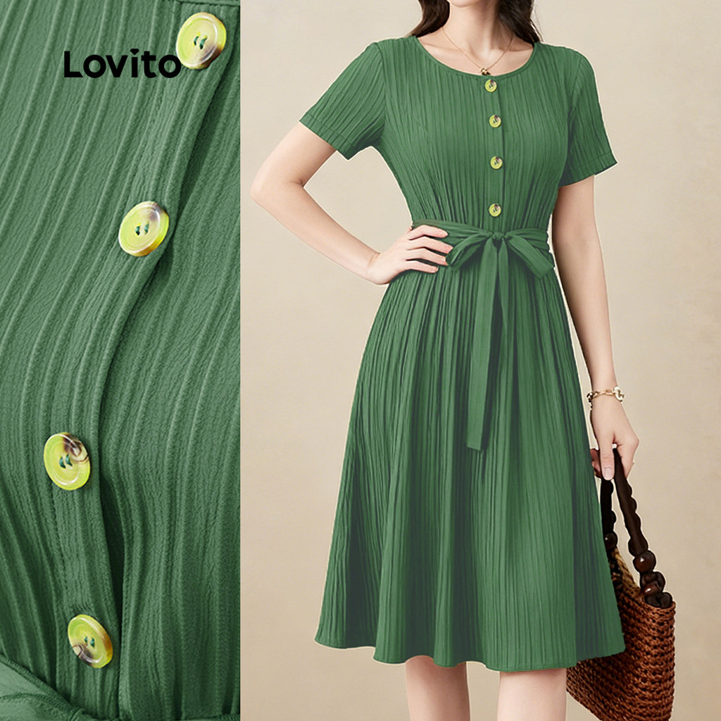 Lovito Elegante Dress Verde Com Botões Frontais Para Férias Na Primavera/verão V