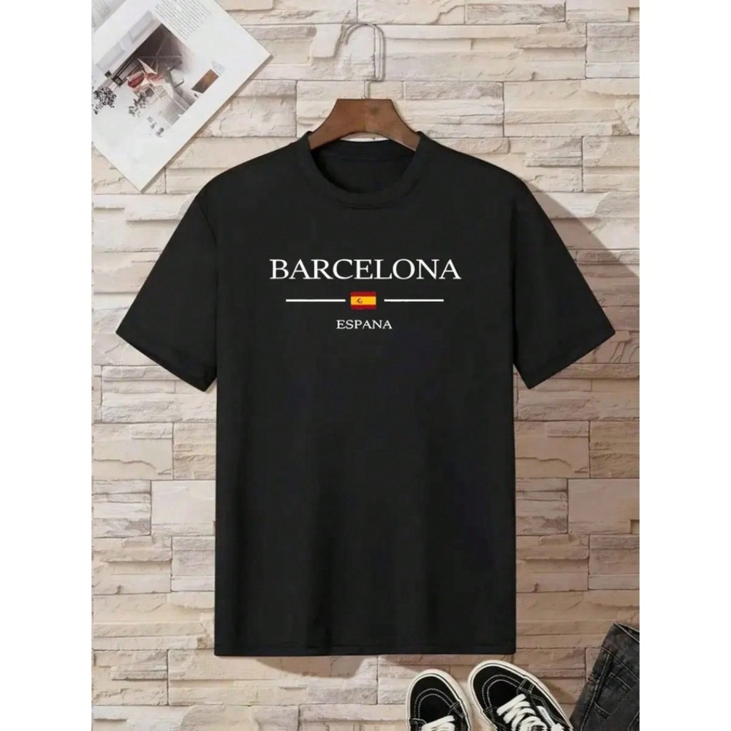 Camiseta Infantil Manga Curta E Simples Estilo  Gola Redonda Para Meninos Algodão Estampa De Barcelona