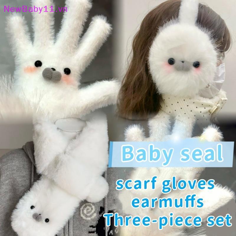 NewBaby Bonito Inverno Selo Earmuff Cachecol Crianças Estudante Cruz Pele Luvas Conjunto Ne-Proteção Kawaii Meninas Ao A