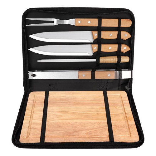 Kit Churrasco Tradicional Inox 6 Peças Com Tábua De Bambu