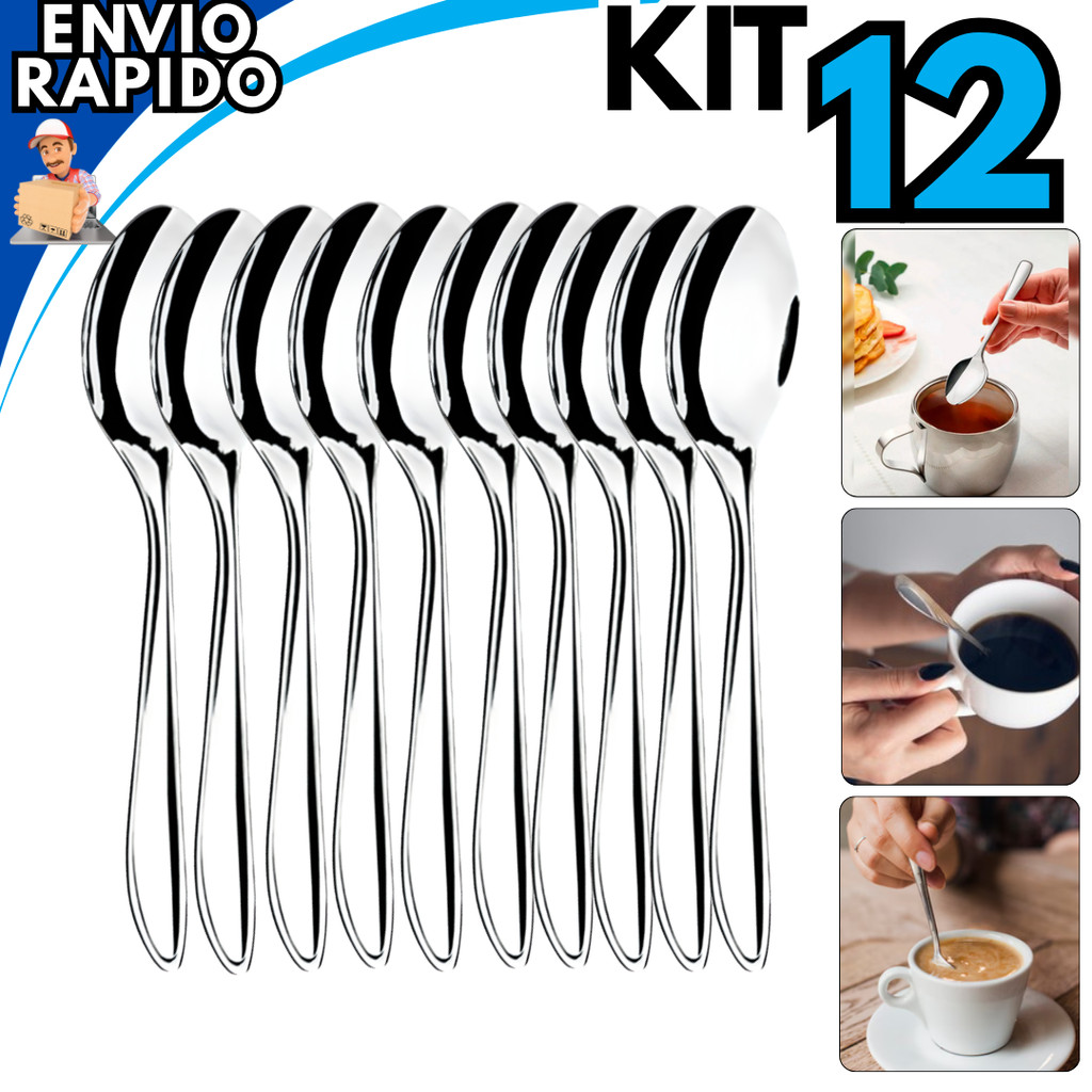 Kit 12 Colheres de Chá Inox 13cm Aço 100% Inox Resistente Ideal para Café Chá e Chocolate Quente