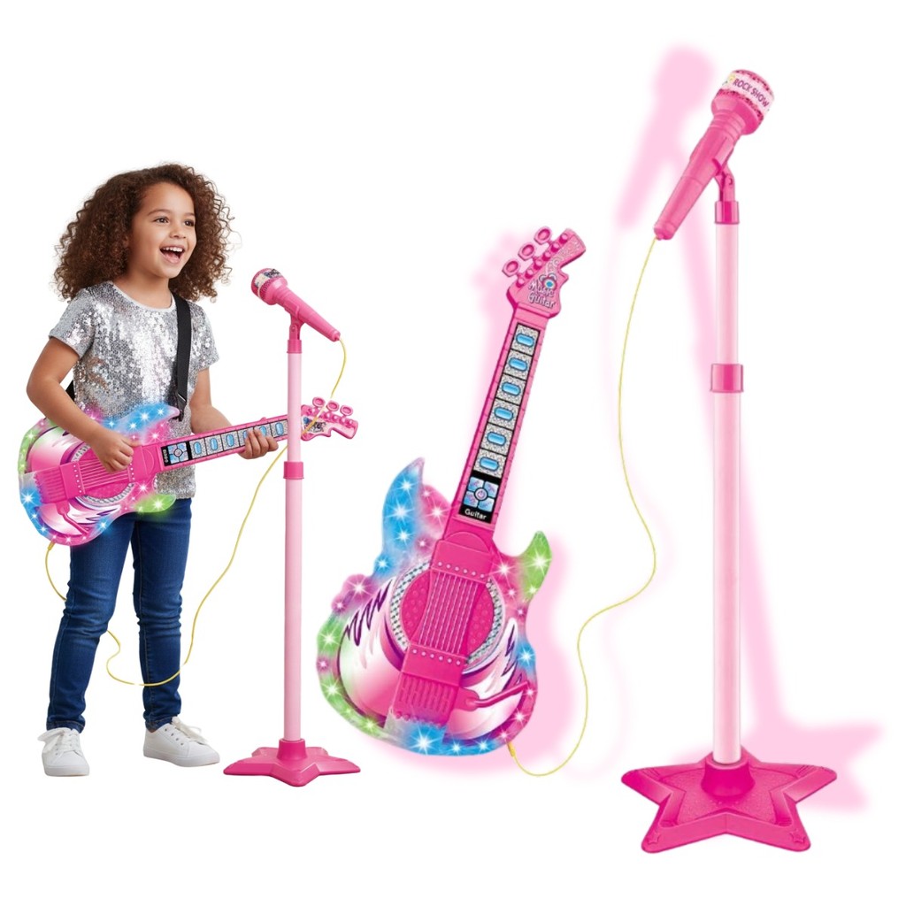 Guitarra Infantil Com Microfone Pedestal E Luzes Brinquedo Instrumento Conexao Mp3 Rock Show Kizumba