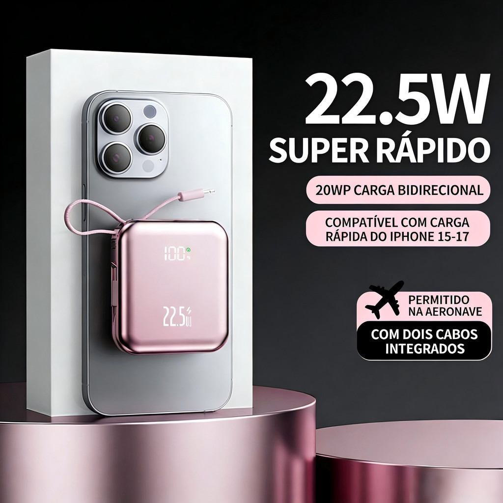 Mini Banco De Potência Portátil 20.000 mAh Com iOS E Cabo Tipo C