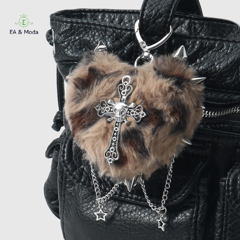EA & Moda Punk Jóias Leopardo Impressão Rebite Cruz Chaveiro Goth Legal Grunge Ro Pelúcia Coração Saco Pingente Decoraçã