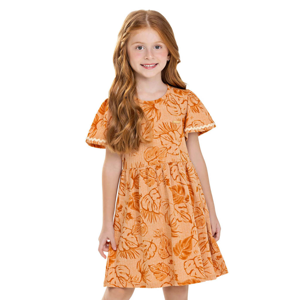 Vestido Infantil Menina Folhas Tropical Colorittá Marrom