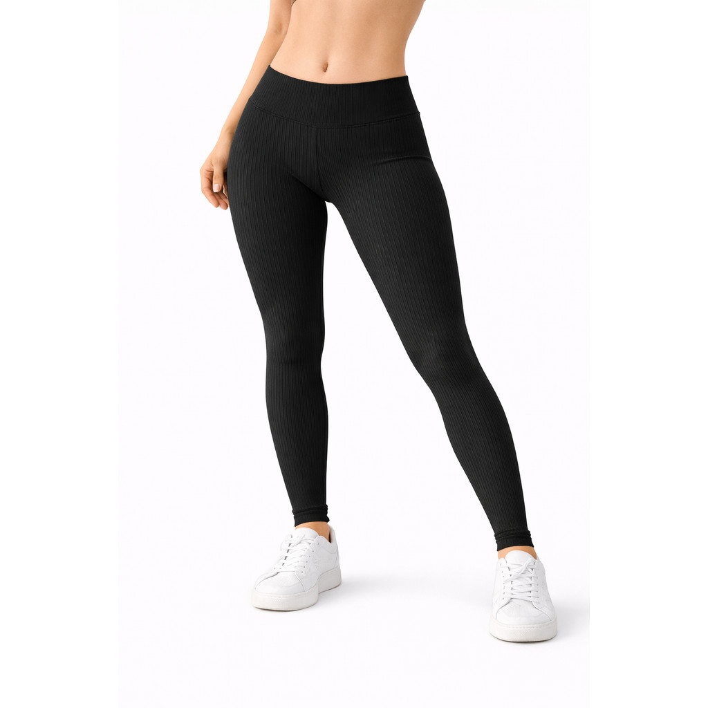Legging Preta Feminina Canelada 3D Listrada Cintura Alta Modeladora Academia Sem Transparência