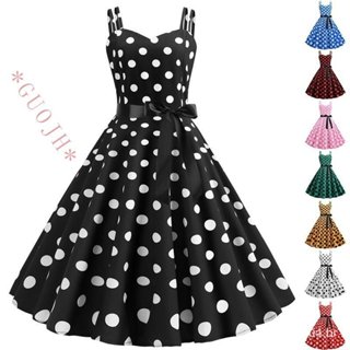 GUOJH Vintage 50 anos 60 Pin Up Party Polka Dot Vestidos De Verão De Espaguete