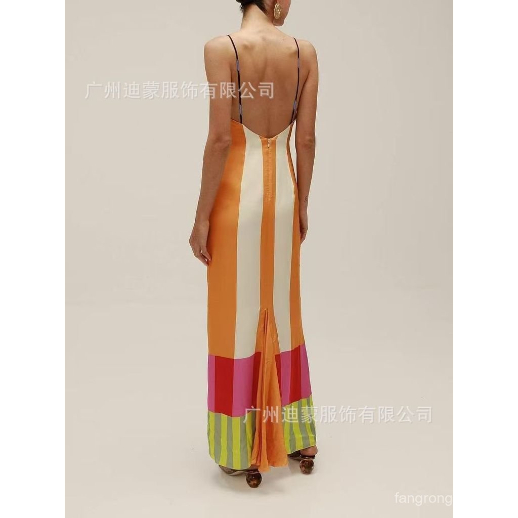 2025 europeu americano Cross-Border verão novo estilo vestido listrado feminino cor combinando mais magro olhar fenda es