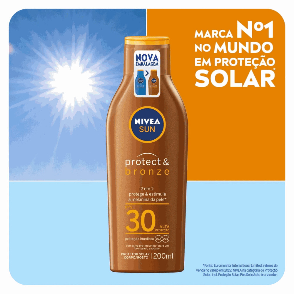 Protetor Solar Nivea Sun FPS30 Protect & Bronze 200ml Estimula Melanina Bronzeado Natural Proteção UVA UVB