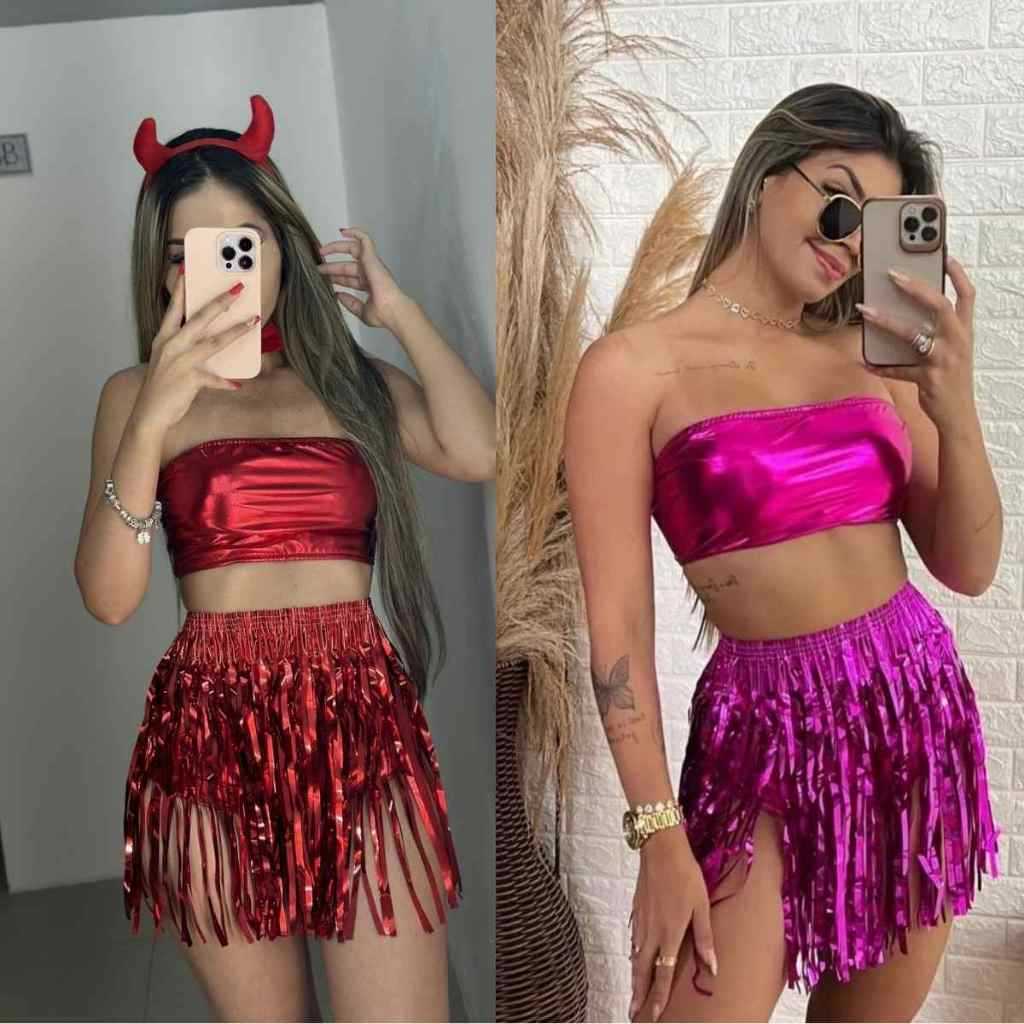 Conjunto Carnaval Feminino Metalizado 3 Peças Fantasia Hot Pants Top Saia Fitinha