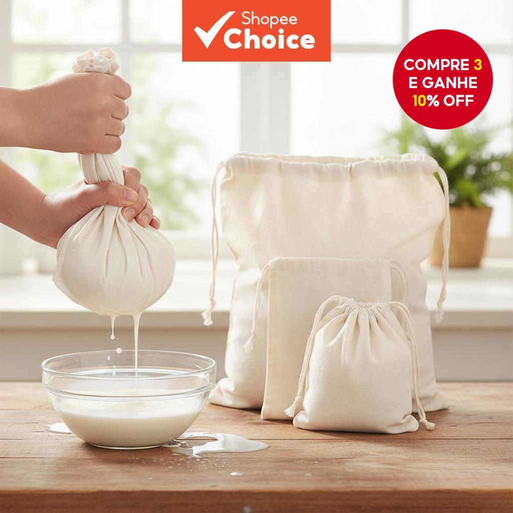 Saco de Algodão para Leite de Nozes, Coador Reutilizável para Filtrar Café Gelado, Chá, Iogurte, Café