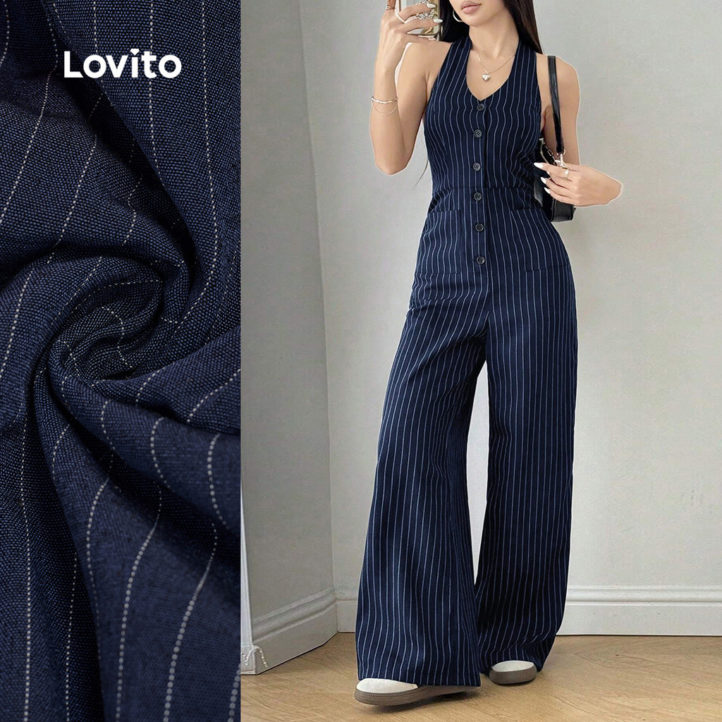 Lovito Macacão Elegante com Botões Primavera/verão Macacão Azul para mulheres L154LD157 em Oferta na Shopee