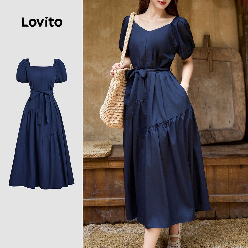 Lovito  Vestido Franzido Assimétrico Confortável e Estiloso Azul-marinho para Mulheres. L172ED187 em Oferta na Shopee