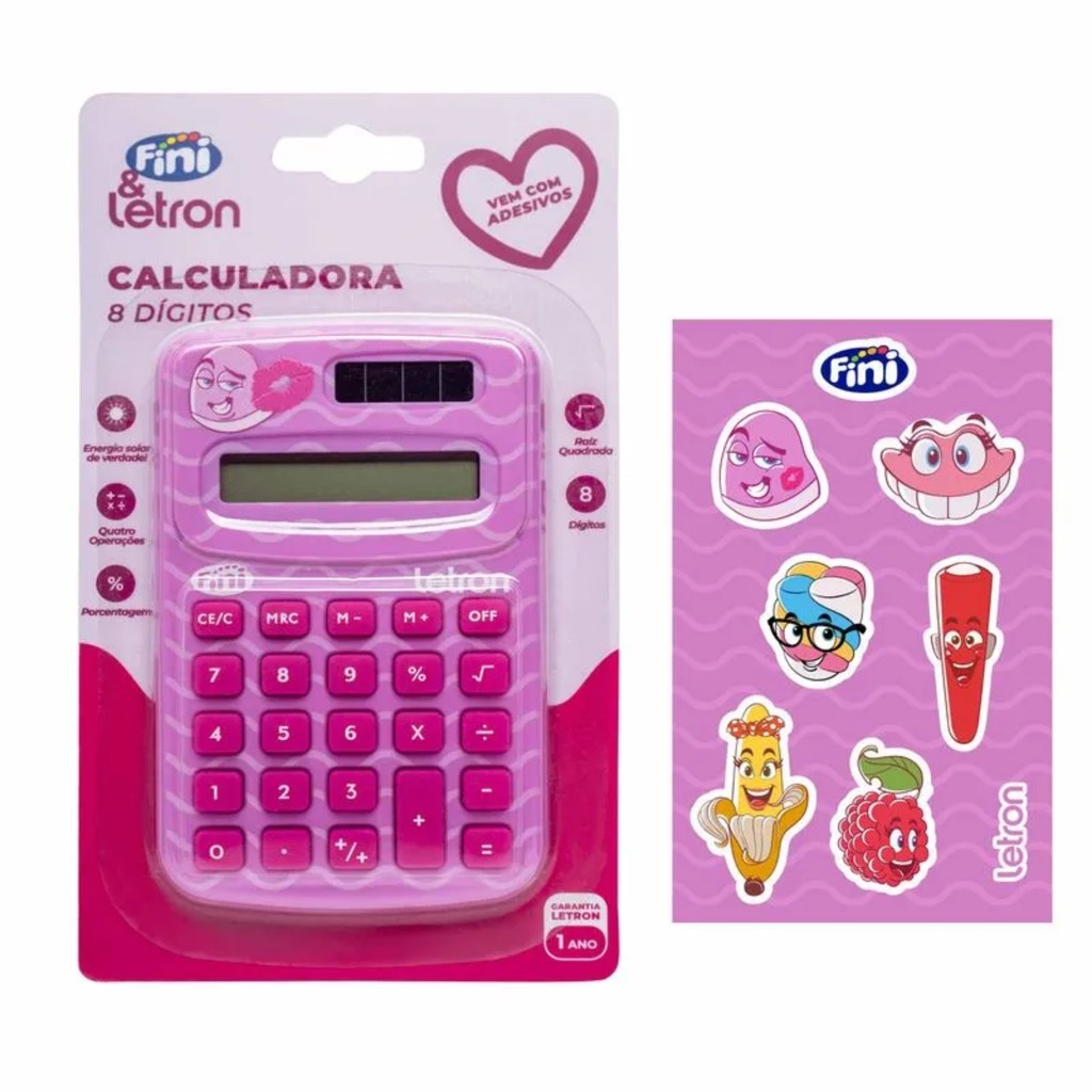 Calculadora 8 Dígitos com Energia Solar e Cartela de Adesivo Fini Letron Leonora - 10320