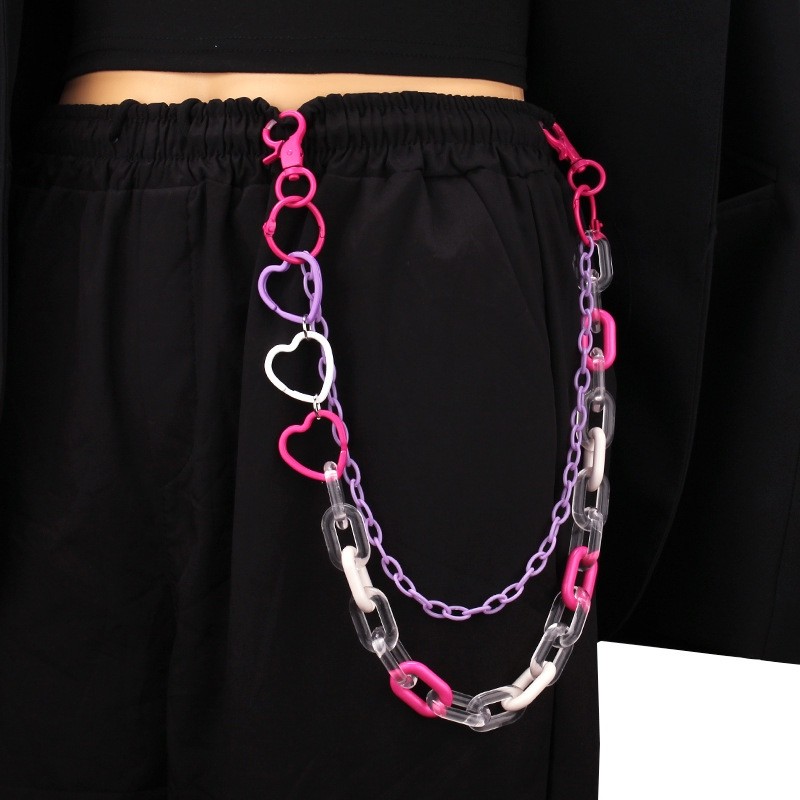 Corrente Colar de Calça Y2K Streetwear Feminina Colorfull Rosa Heart Premium Tendência