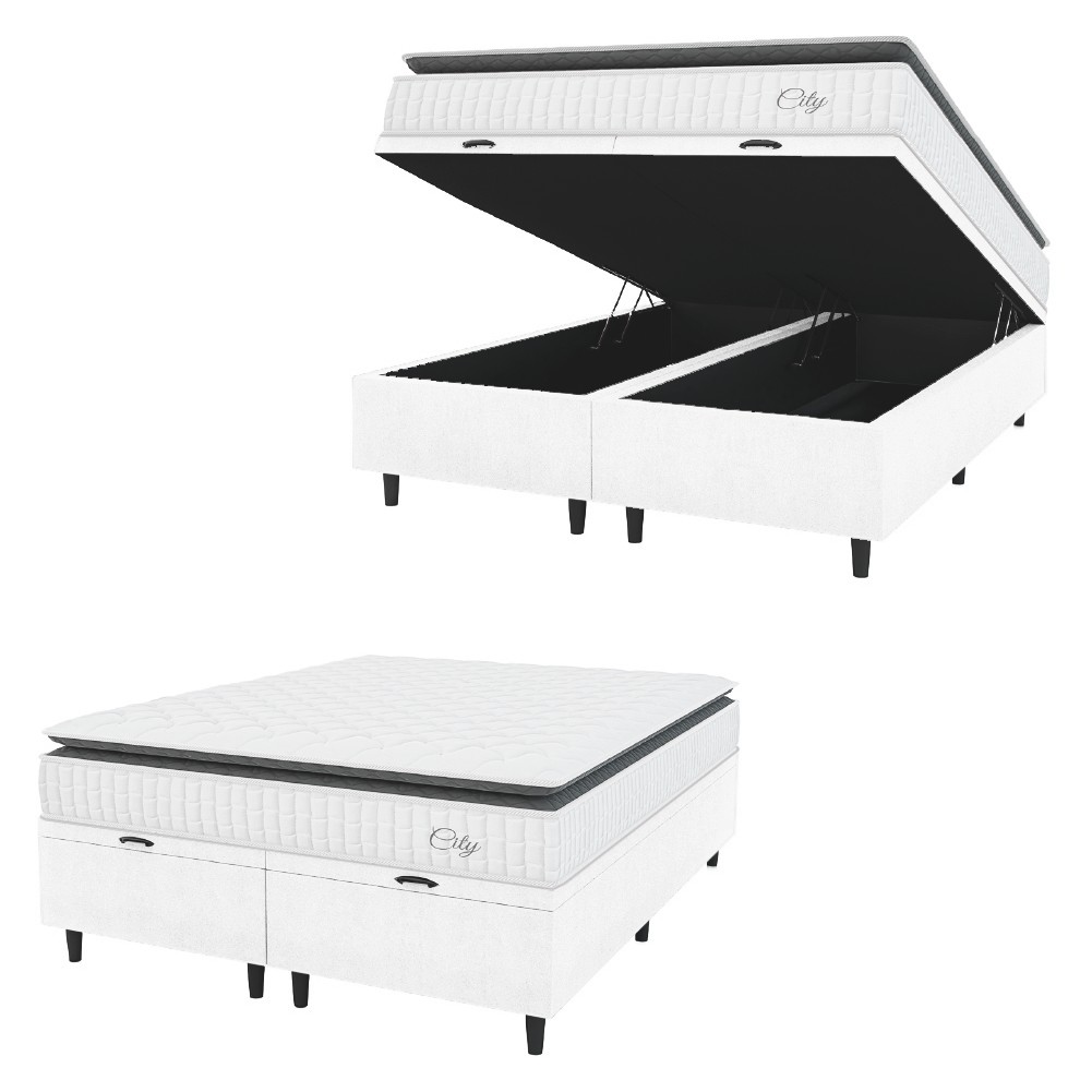 Cama Box Colchão Baú Casal King Molas Ensacadas City Pillow Top 193x203x64cm Linho Branco/Cinza em Oferta na Shopee