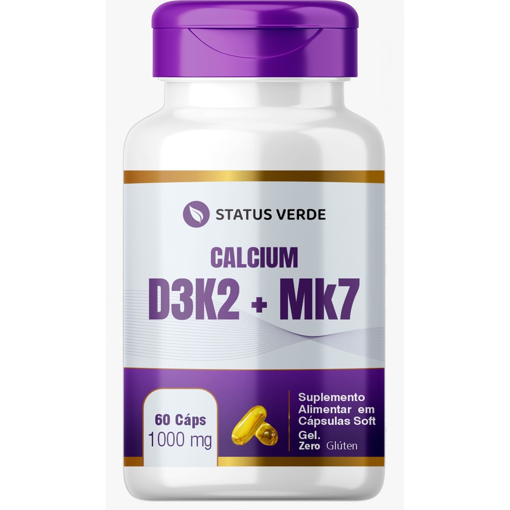 D3+K2 + MK7 Cálcio e Magnésio 60 Cápsulas 1000mg - Status Verde