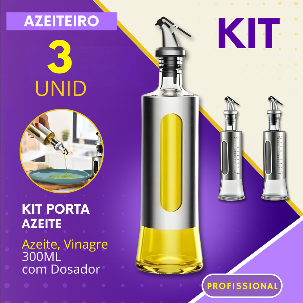 Kit Porta Azeite 1, 2 ou 3 Pçs Inox Vidro Vinagre Bico Dosador Azeiteiro Cozinha Restaurante Buffet