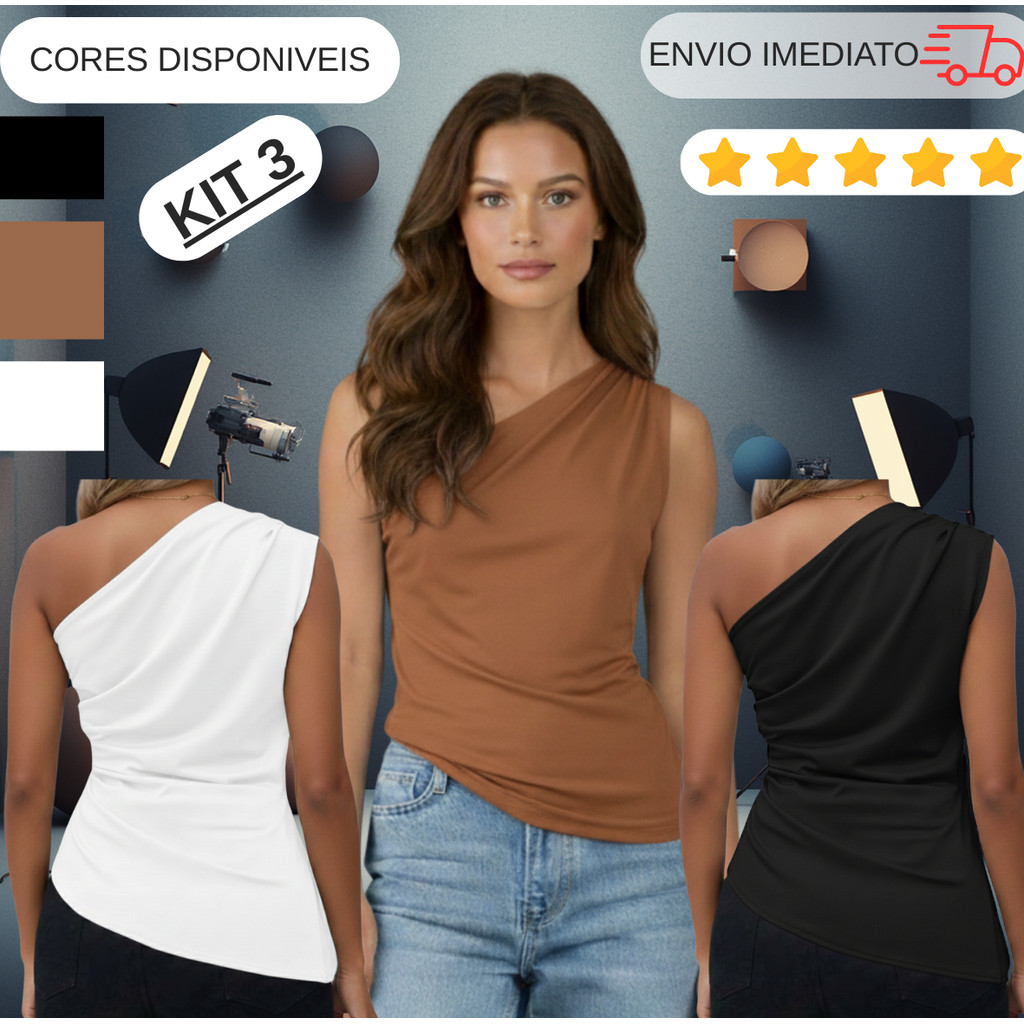 KIT 3 Blusa Mula Manca Feminina Elegante Franzido Assimétrica Ombro Único Com Casual em Oferta na Shopee