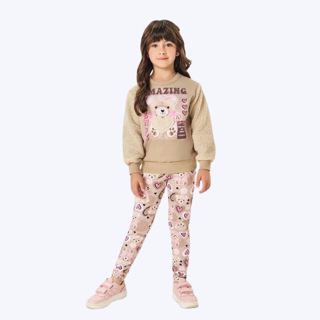 Conjunto Blusa Moletom e Calça Legging Ursinhos Bege Infantil Menina Mundo Cinti 12362