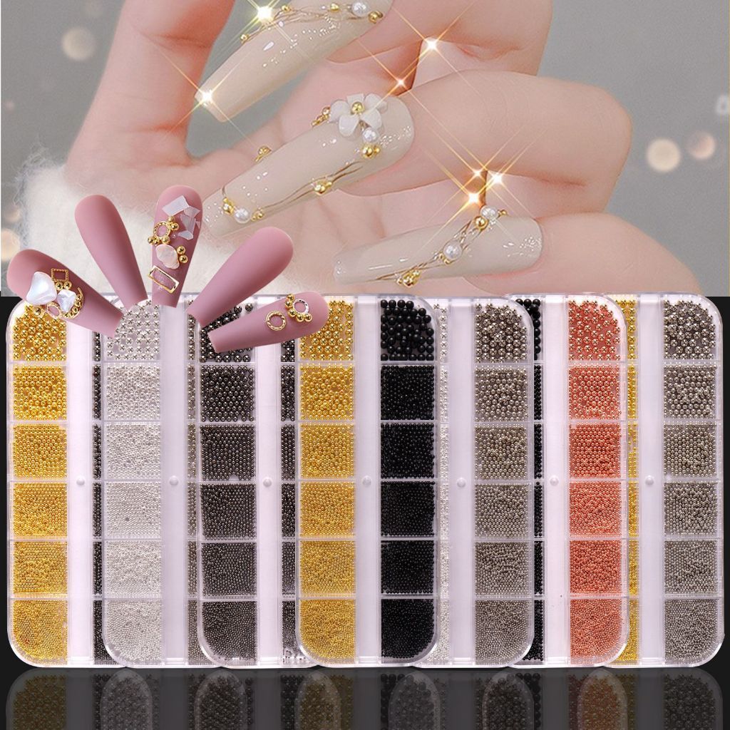 Kit 1/5 Caixinhas com 12 Caviar em metal para Decoração de Unhas com 4 cores Art Strass Pedraria