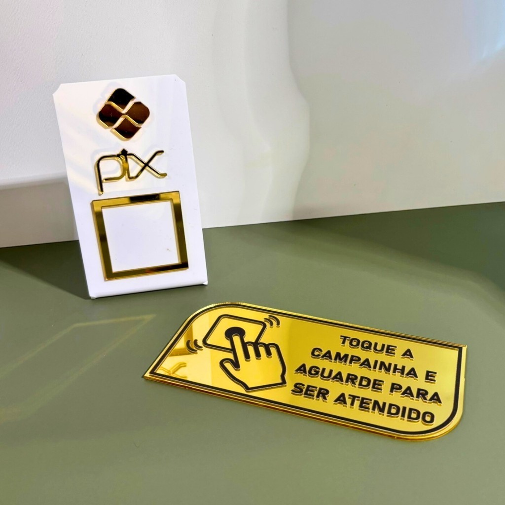 Display Pix Pagamento + Placa Campainha Acrílico Espelhado Balcão Caixa