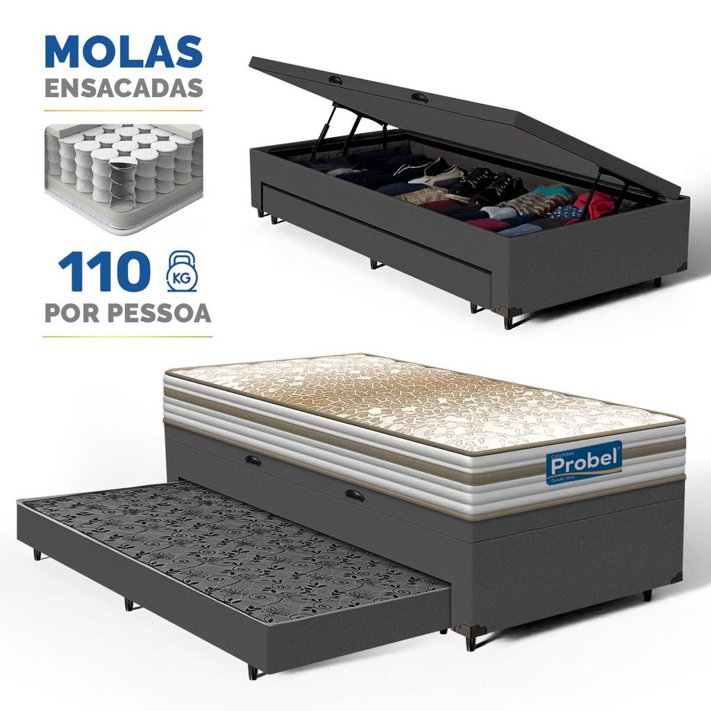 Box Baú + Colchão de Molas Ensacadas Double Face Pillow Euro Alfa Probel + Auxiliar Solteiro 88cm em Oferta na Shopee