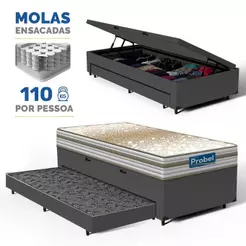 Box Baú + Colchão de Molas Ensacadas Double Face Pillow Euro Alfa Probel + Auxiliar Solteiro 88cm