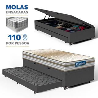 Box Baú + Colchão de Molas Ensacadas Double Face Pillow Euro Alfa Probel + Auxiliar Solteiro 88cm em Oferta na Shopee