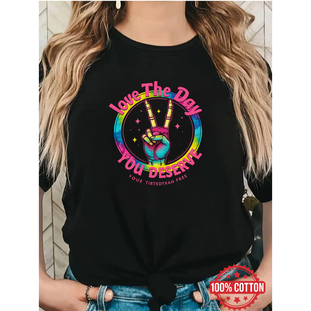 Camiseta Feminina Paz Amor Mão Colorido The Day You Deserve Florais Mensagem Confortável Linda Divertida Verão