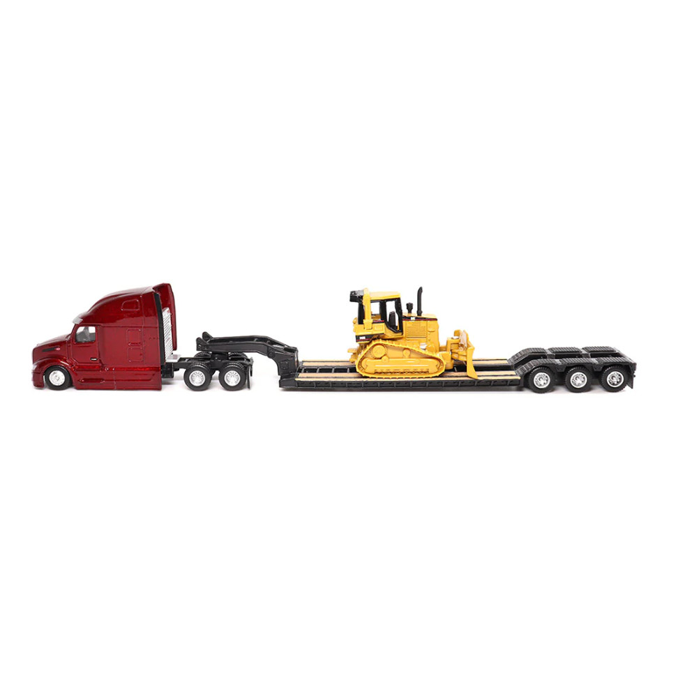 Miniatura Trator Peterbilt Modelo 579 UltraLoft Tandem com reboque Lowboy e Trator de esteira Caterpillar D5M
