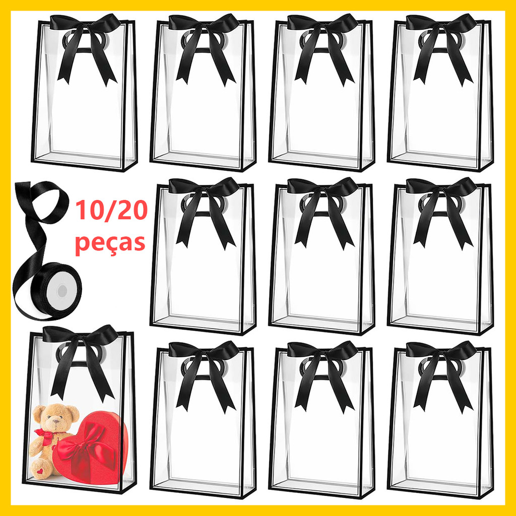 Sacola de presente 24x10x35cm, 10/20 peças de sacola transparente preta, sacola de presente reutilizável